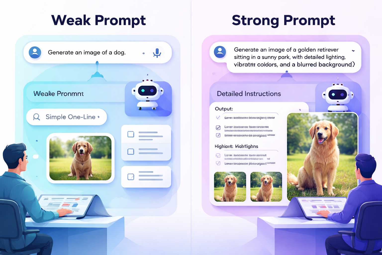 Side-by-side comparison showing weak vs engineered prompts