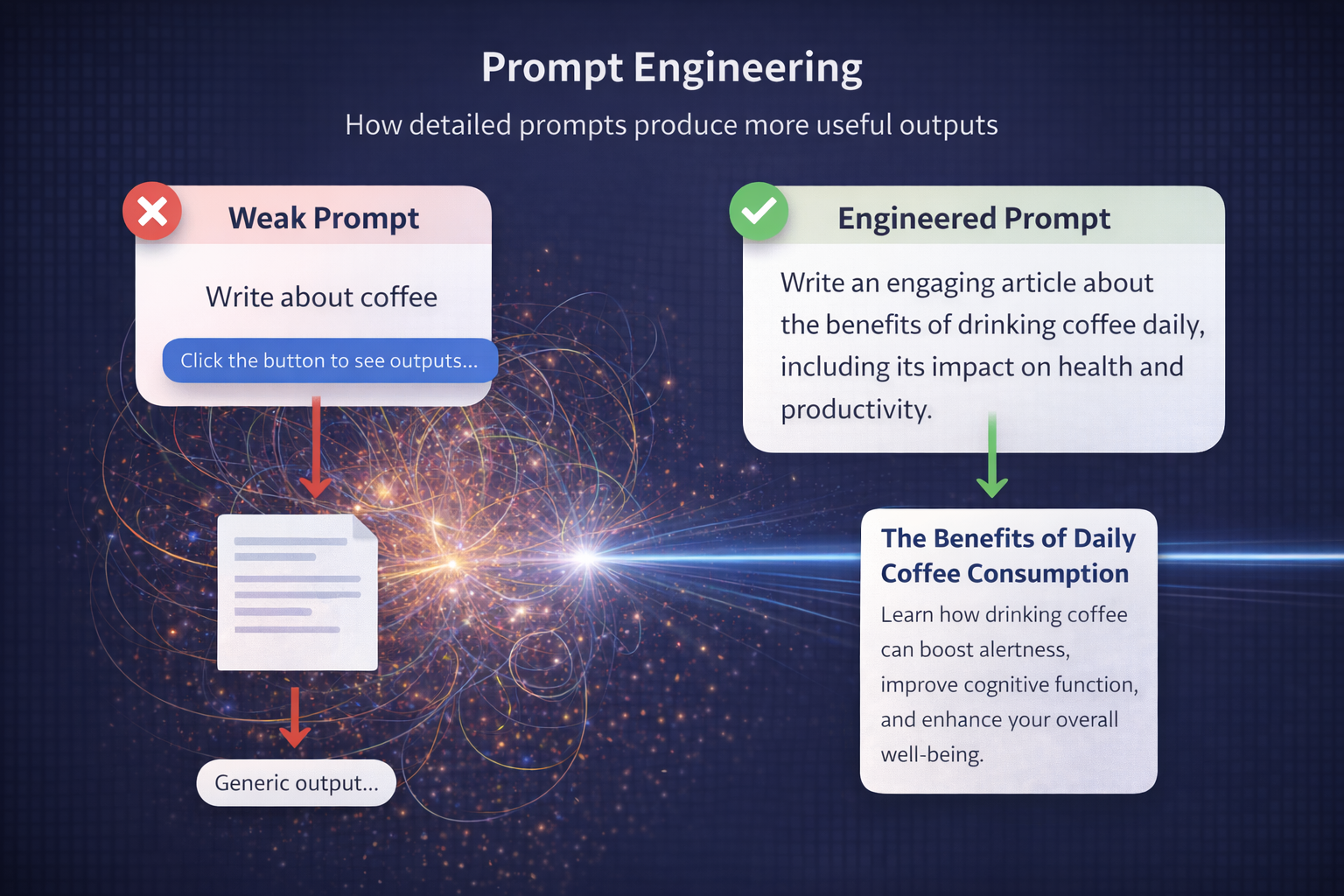 Side-by-side comparison showing weak vs engineered prompts