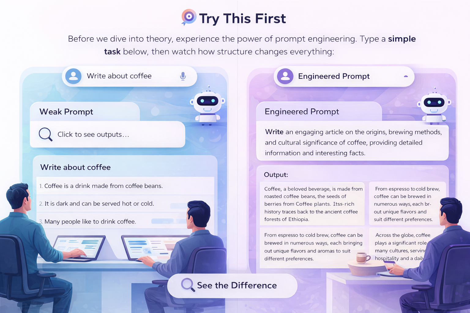 Side-by-side comparison showing weak vs engineered prompts
